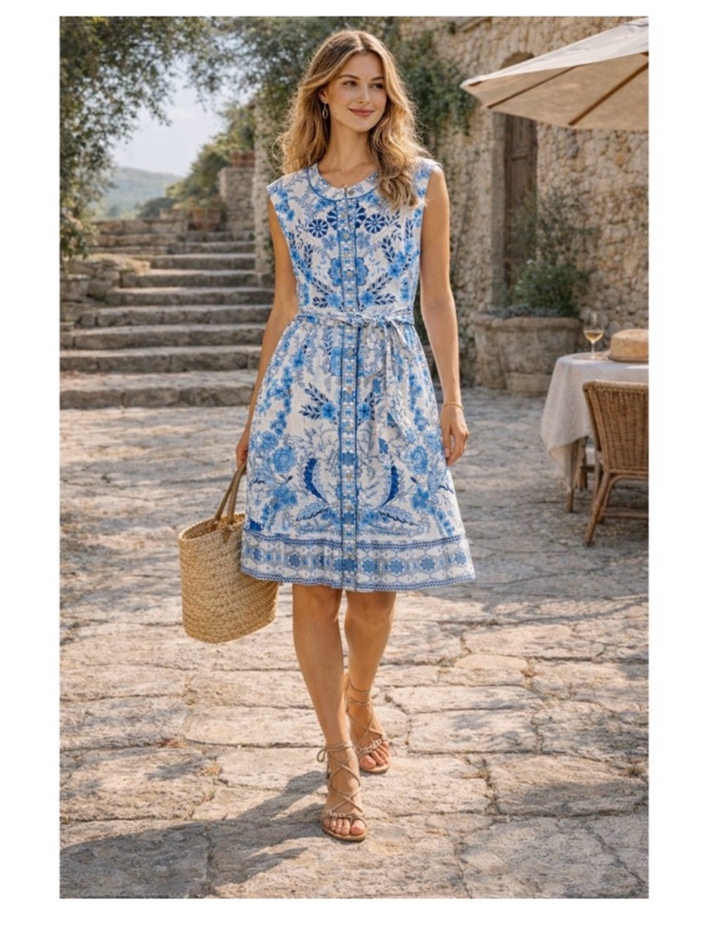 Blue & White Floral Tie-Waist Midi Dress